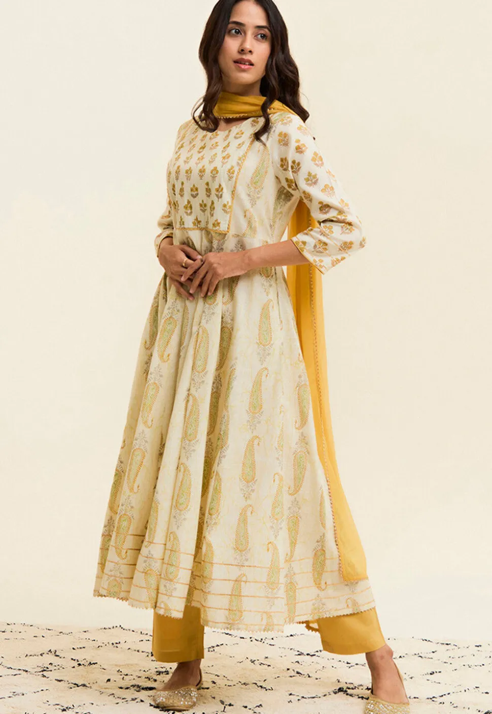 Printed Pure Cotton Anarkali Suit in Off White