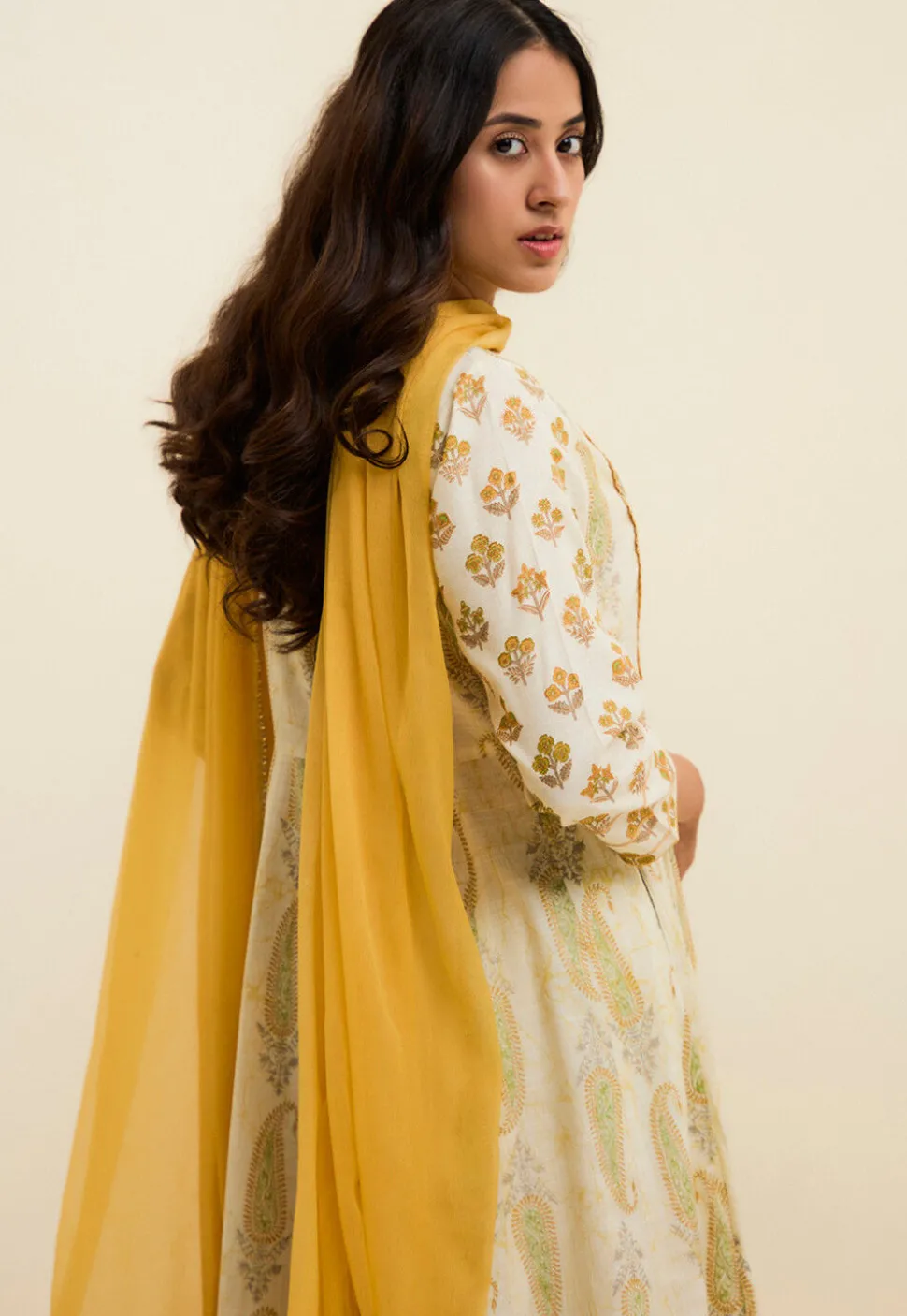 Printed Pure Cotton Anarkali Suit in Off White