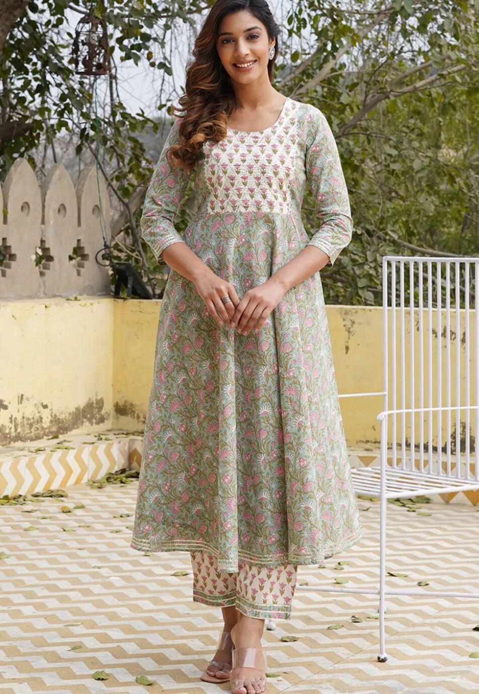 Printed Pure Cotton Anarkali Suit in Patel Green
