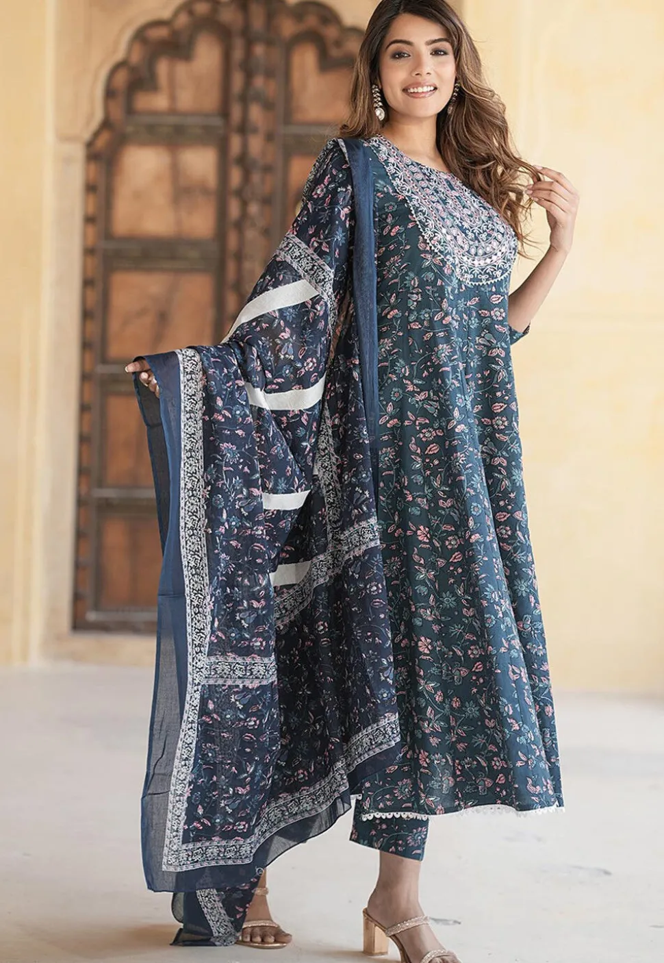 Printed Pure Cotton Anarkali Suit in Dark Blue