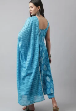Printed Pure Cotton Anarkali Suit in Blue