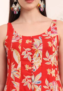 Printed Pure Cotton Anarkali Suit in Red
