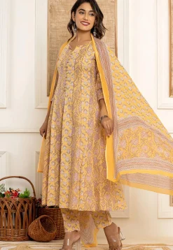 Printed Pure Cotton Anarkali Suit in Yellow