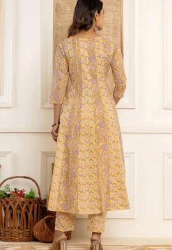 Printed Pure Cotton Anarkali Suit in Yellow
