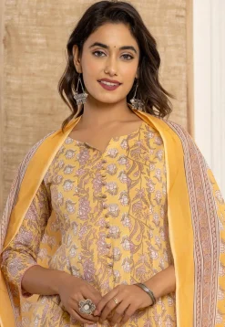 Printed Pure Cotton Anarkali Suit in Yellow