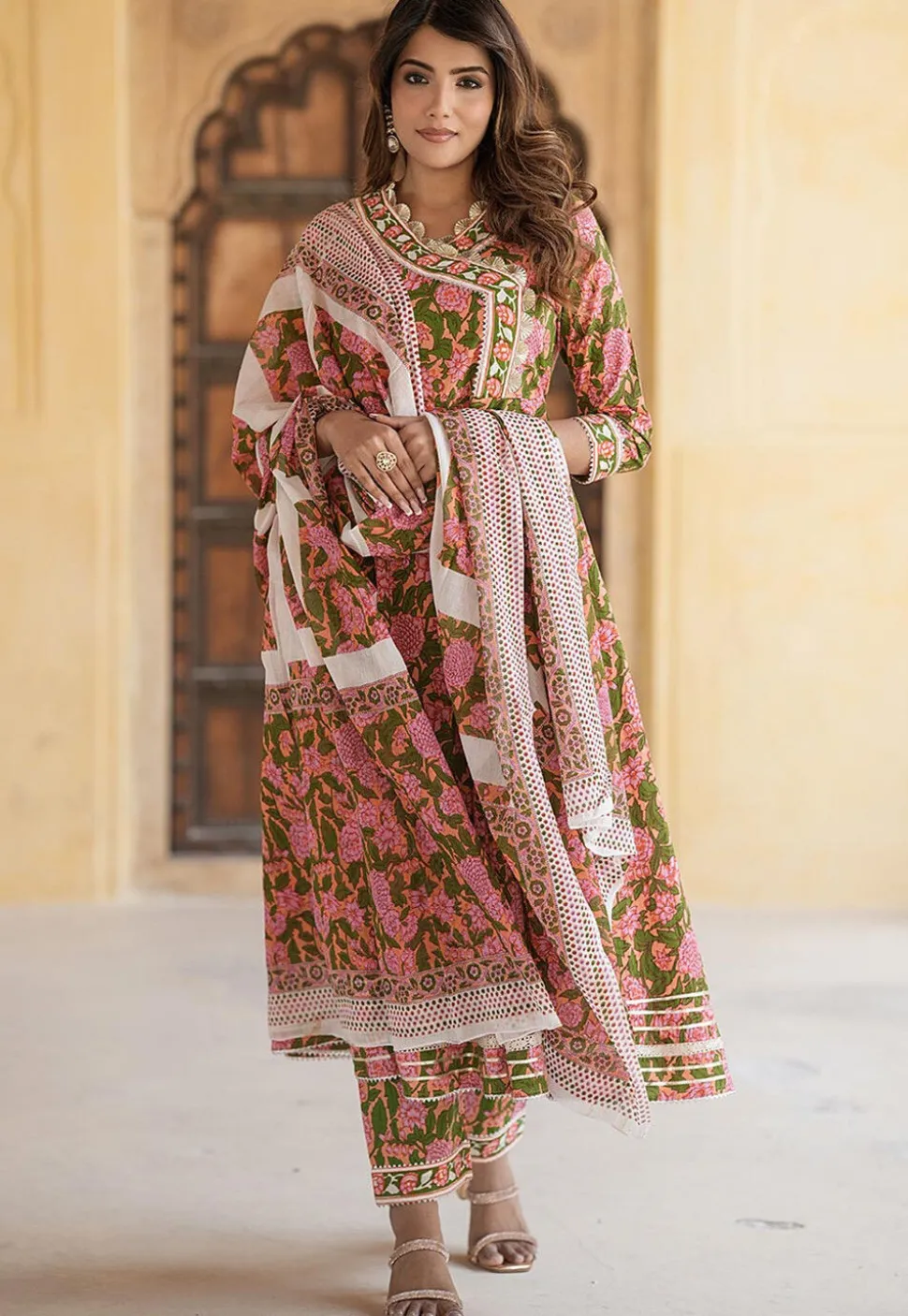 Printed Pure Cotton Anarkali Suit in Peach Orange