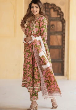 Printed Pure Cotton Anarkali Suit in Peach Orange