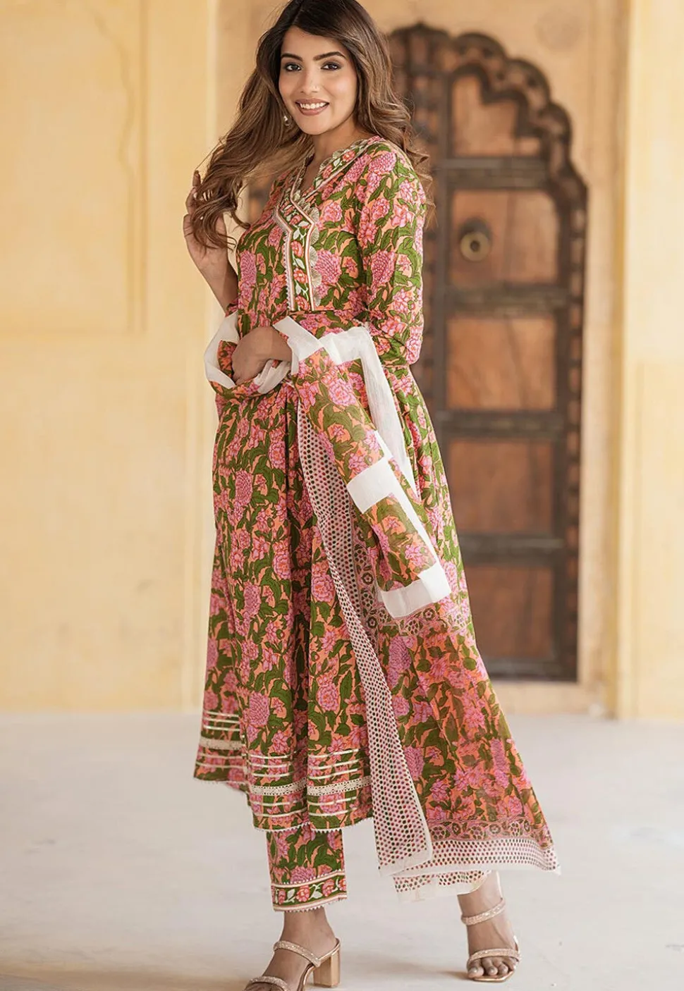 Printed Pure Cotton Anarkali Suit in Peach Orange