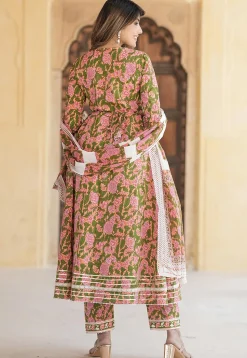 Printed Pure Cotton Anarkali Suit in Peach Orange