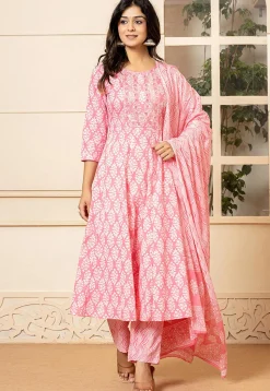Printed Pure Cotton Anarkali Suit in Pink
