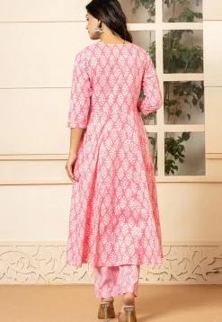 Printed Pure Cotton Anarkali Suit in Pink