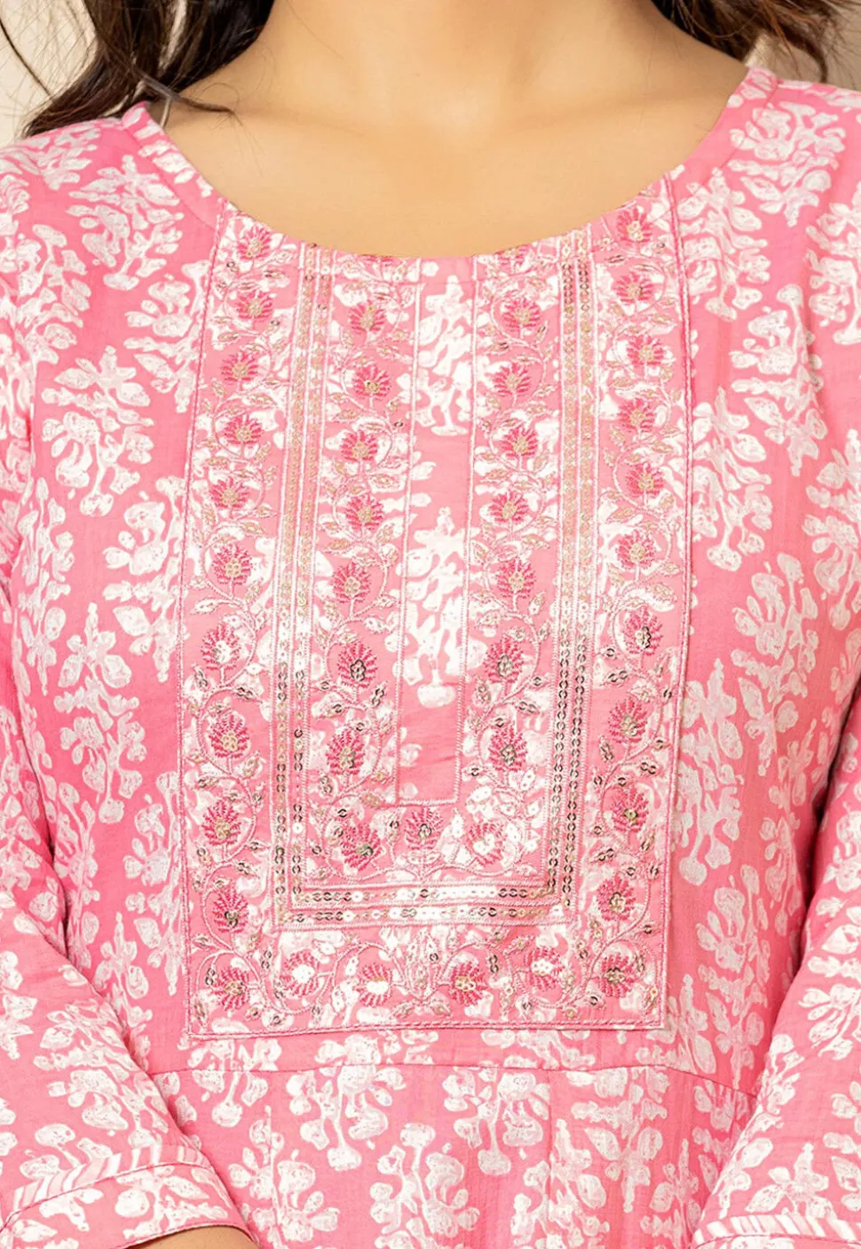 Printed Pure Cotton Anarkali Suit in Pink