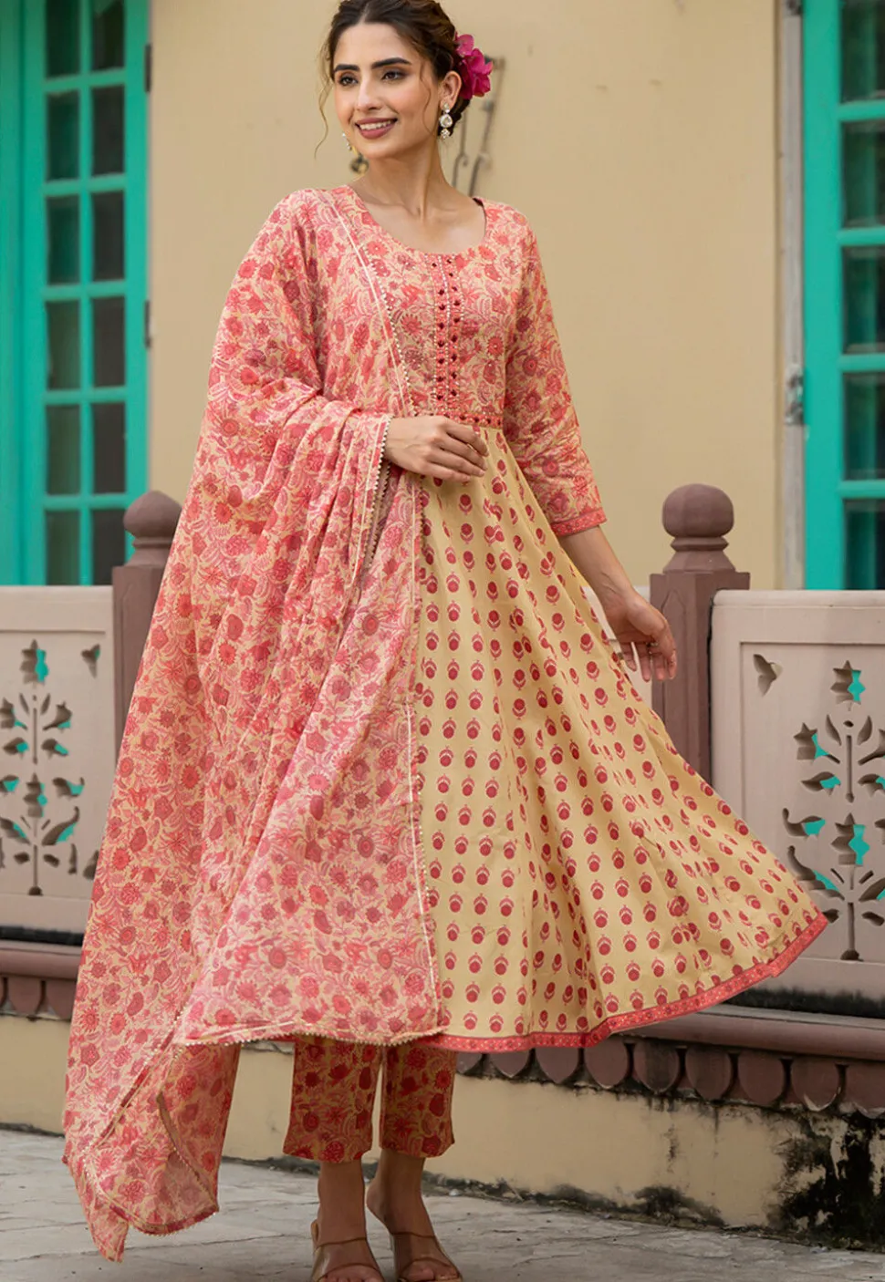 Printed Pure Cotton Anarkali Suit in Light Yellow
