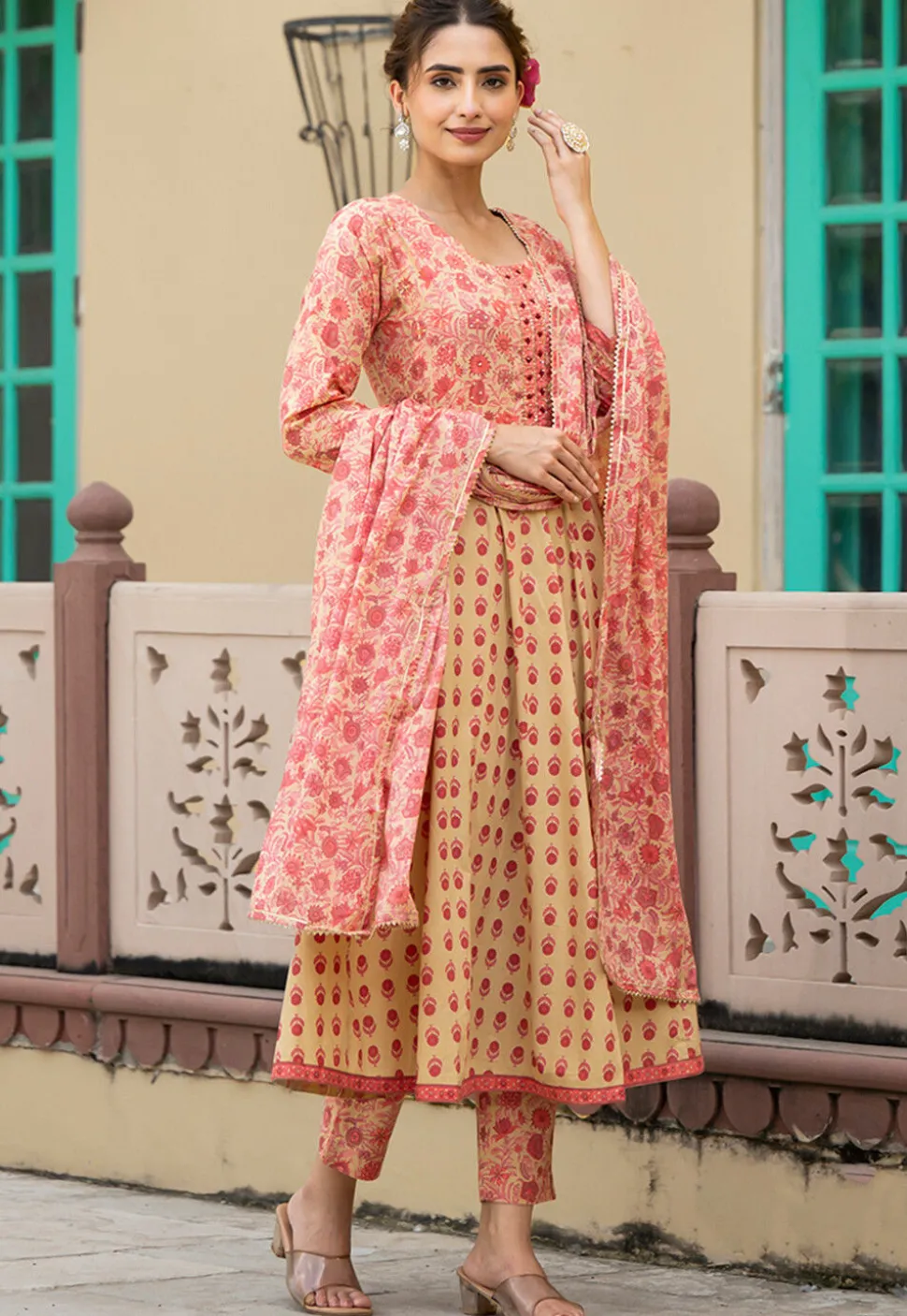 Printed Pure Cotton Anarkali Suit in Light Yellow