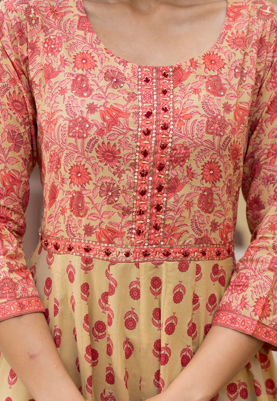 Printed Pure Cotton Anarkali Suit in Light Yellow