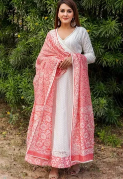 Printed Pure Cotton Anarkali Suit in White