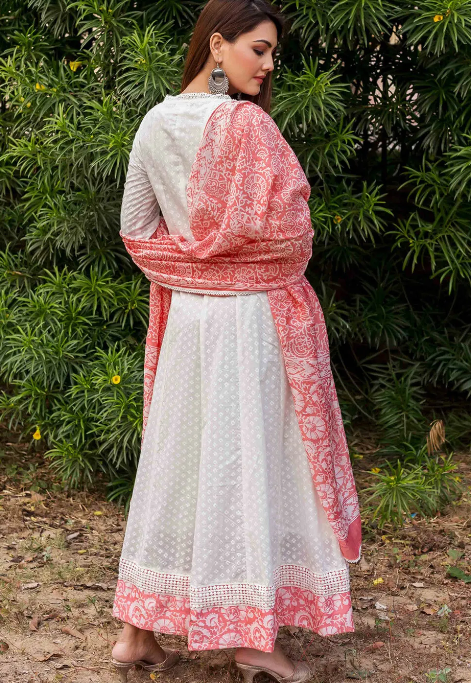 Printed Pure Cotton Anarkali Suit in White