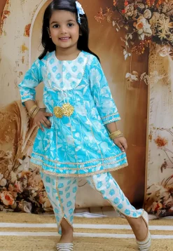 Printed Pure Cotton Anarkali Kurta Set in Blue