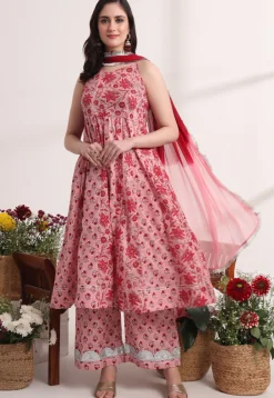 Printed Pure Cotton Anarkali Suit in Pink