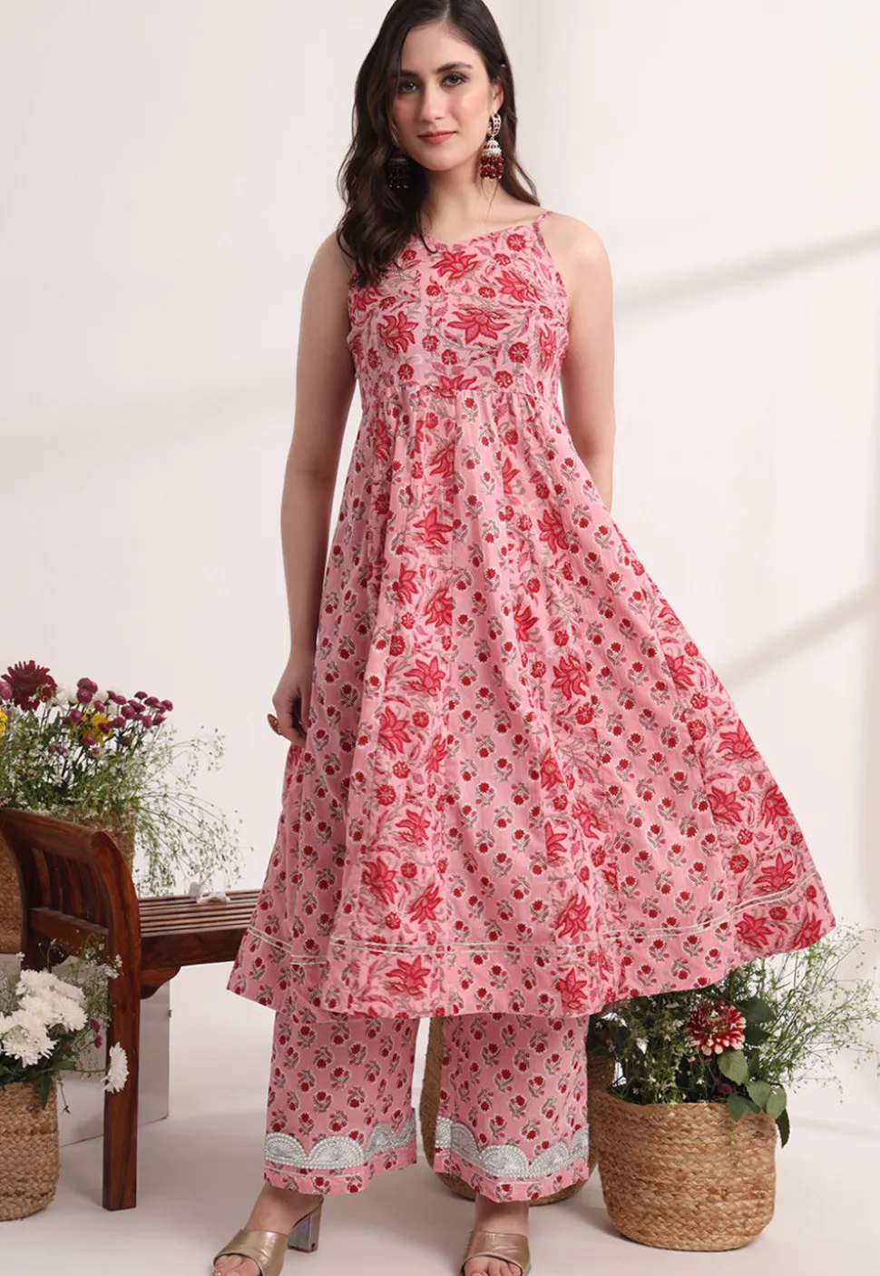 Printed Pure Cotton Anarkali Suit in Pink
