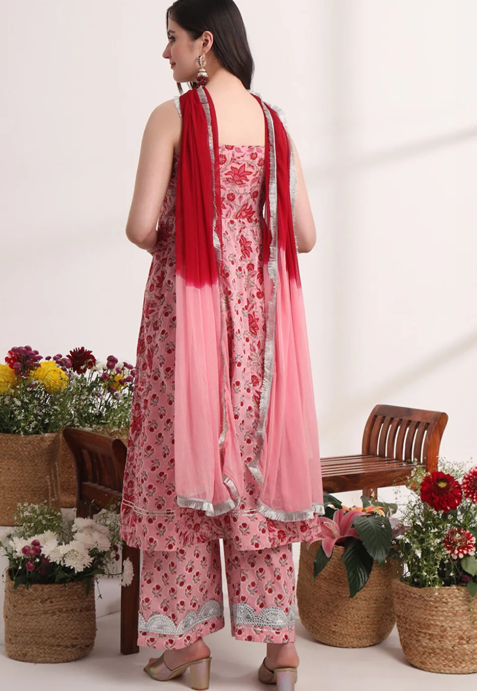 Printed Pure Cotton Anarkali Suit in Pink