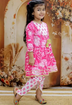 Printed Pure Cotton Anarkali Kurta Set in Dark Pink