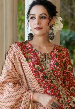 Printed Pure Cotton Angrakha Pakistani Suit in Red