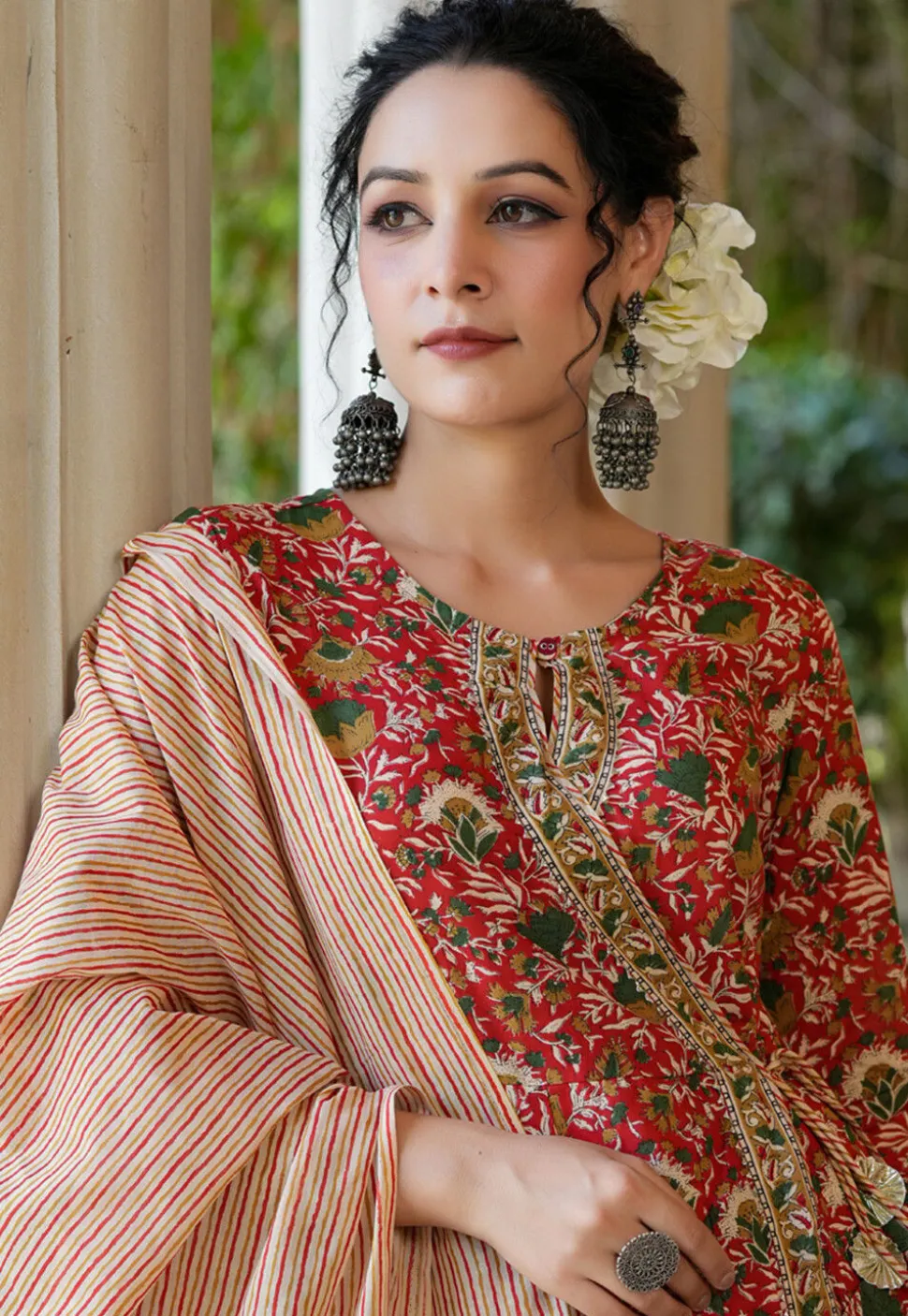 Printed Pure Cotton Angrakha Pakistani Suit in Red