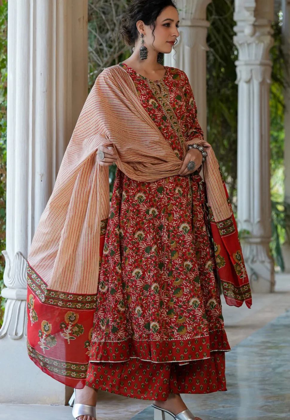 Printed Pure Cotton Angrakha Pakistani Suit in Red