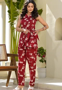 Printed Pure Cotton Co Ord Set in Maroon
