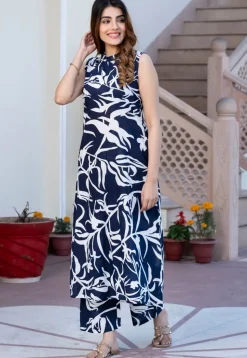 Printed Pure Cotton Co Ord Set in Navy Blue