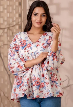 Printed Pure Cotton Dobby Kurti in White