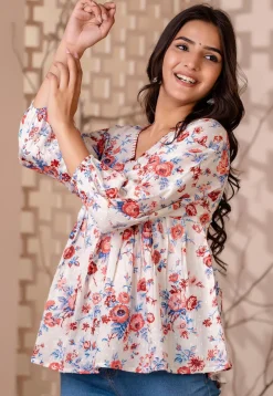 Printed Pure Cotton Dobby Kurti in White