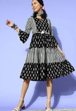 Printed Pure Cotton Dress in Black