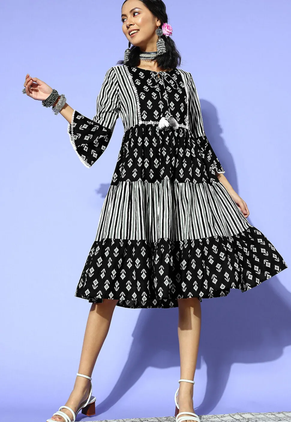 Printed Pure Cotton Dress in Black