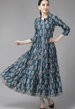 Printed Pure Cotton Dress in Dark Teal Blue