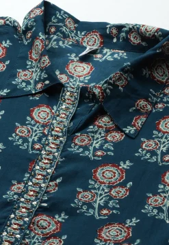 Printed Pure Cotton Dress in Dark Teal Blue
