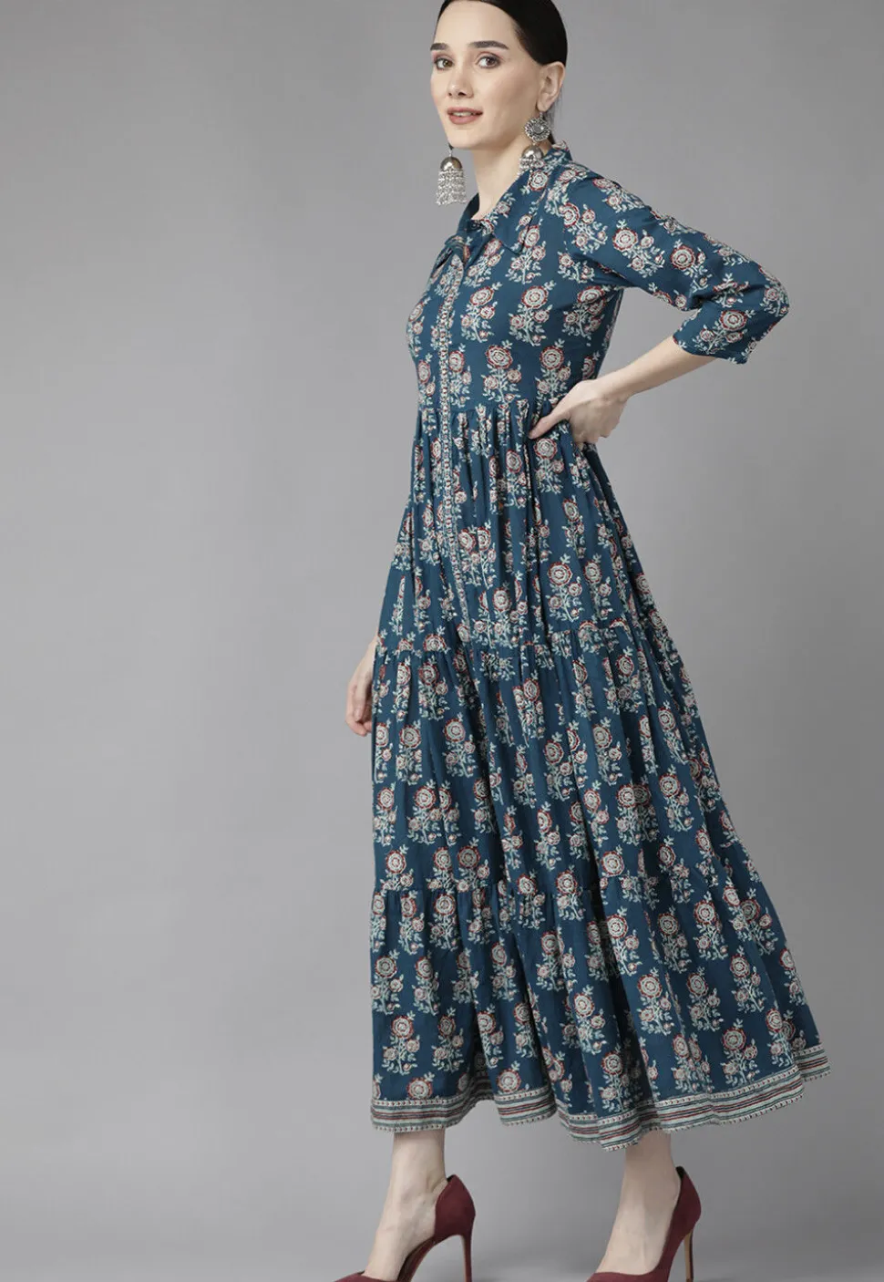 Printed Pure Cotton Dress in Dark Teal Blue