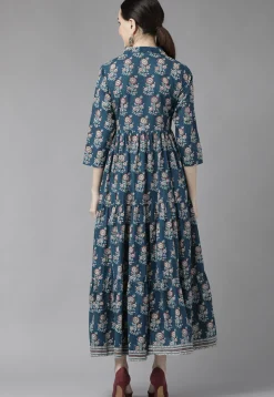 Printed Pure Cotton Dress in Dark Teal Blue