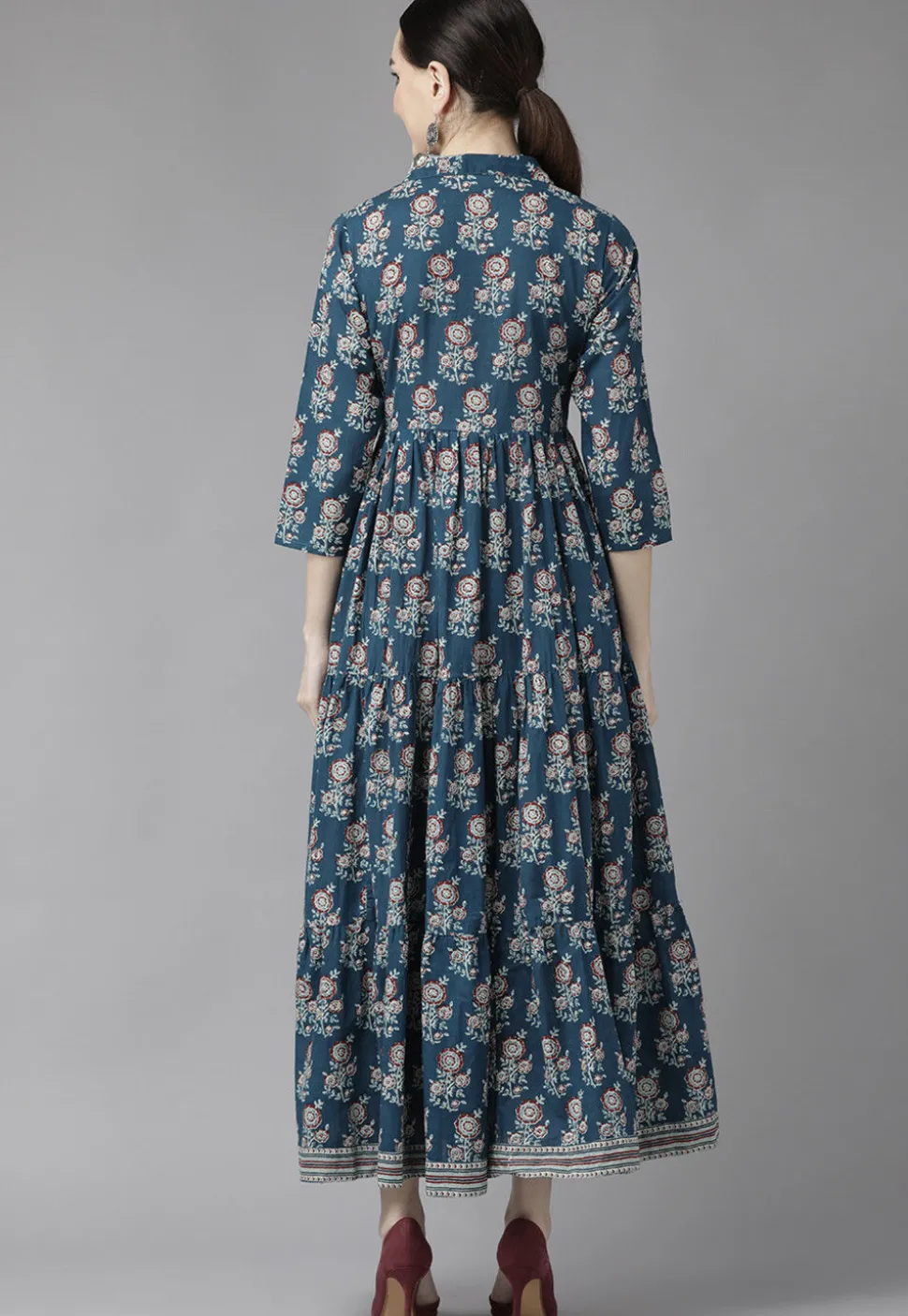Printed Pure Cotton Dress in Dark Teal Blue