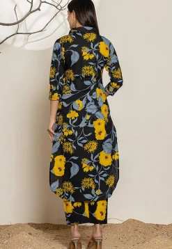 Printed Pure Cotton High Low Kurta Set in Black