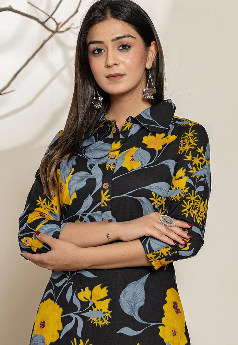 Printed Pure Cotton High Low Kurta Set in Black