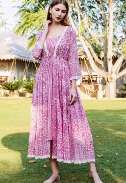 Printed Pure Cotton Inner Midi Dress with Jacket in Pink and White