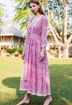 Printed Pure Cotton Inner Midi Dress with Jacket in Pink and White