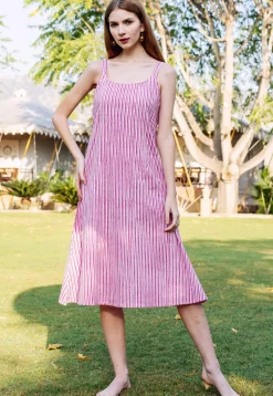 Printed Pure Cotton Inner Midi Dress with Jacket in Pink and White