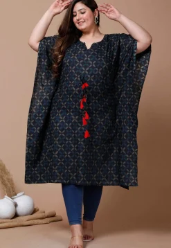Printed Pure Cotton Kaftan in Navy Blue