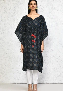 Printed Pure Cotton Kaftan in Dark Blue