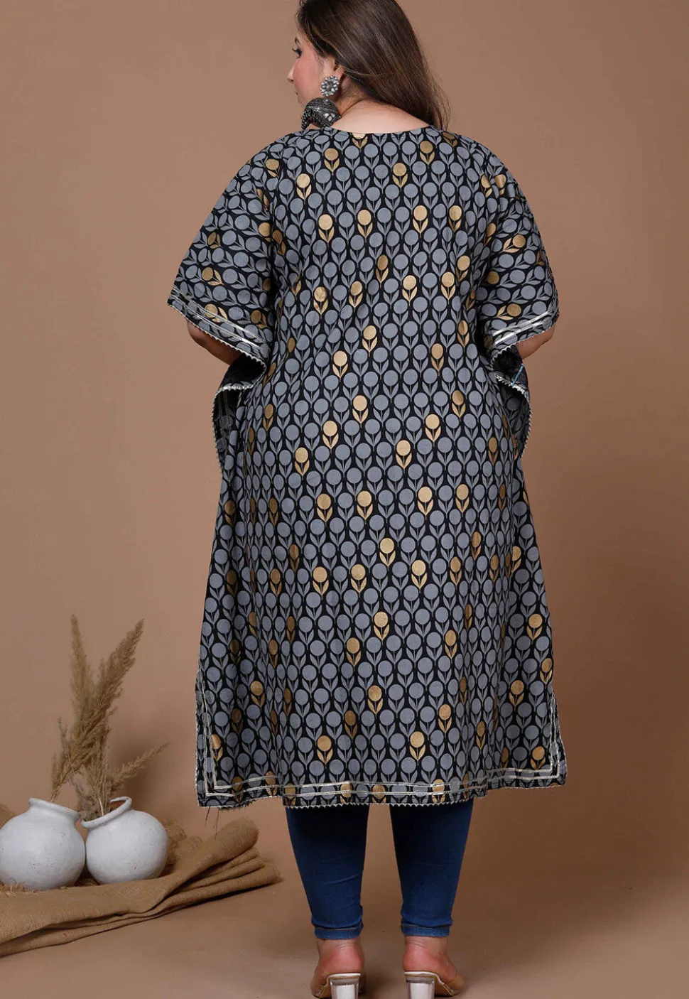 Printed Pure Cotton Kaftan in Black
