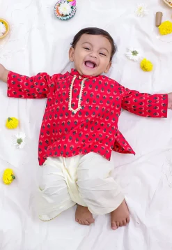 Printed Pure Cotton Kurta Set in Red