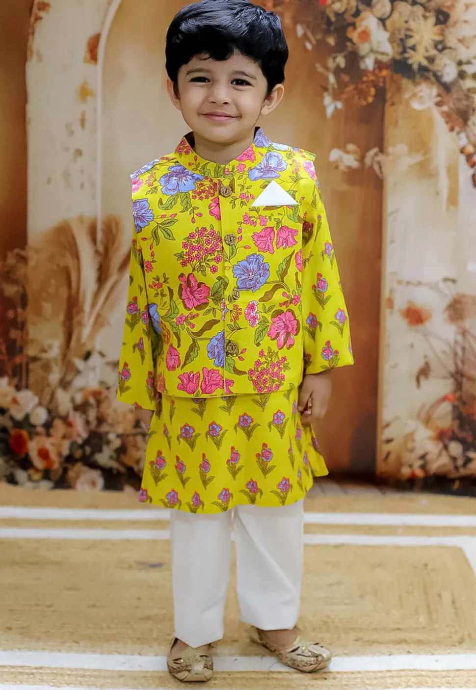 Printed Pure Cotton Kurta Set in Yellow